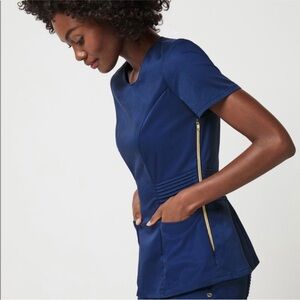 Jaanuu Scrubs 2 PC SET Tall Pants Pintuck Top and The Skinny Pant in Estate Navy